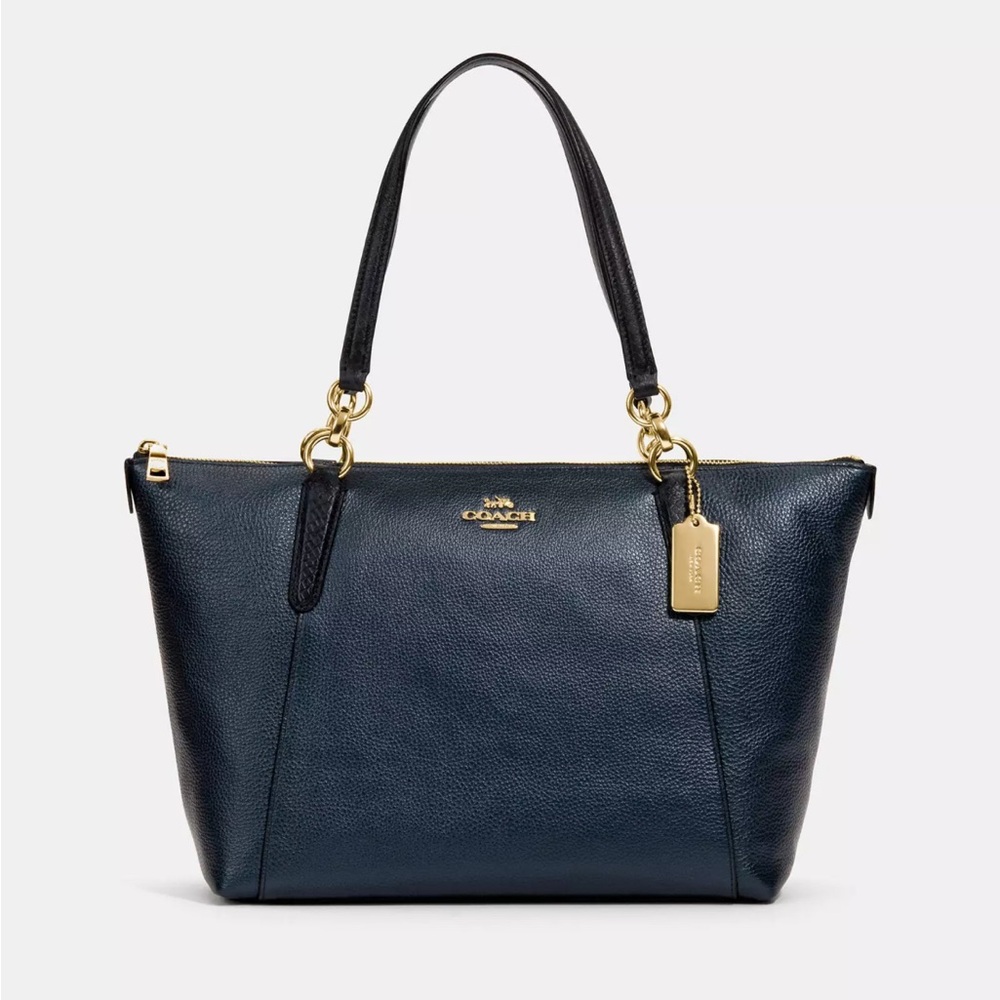 Coach Ava Crossgrain Leather Tote Bag with Metal Tag in Navy
